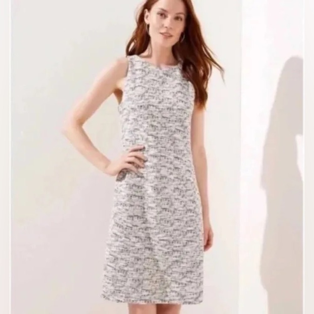 LOFT White Black Tweed Sheath Midi Dress Sleeveless Crew Neck
